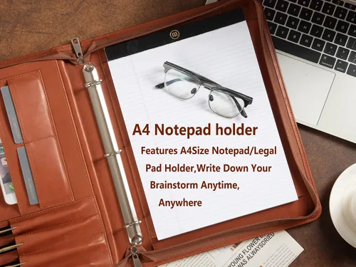 Vista 6 de AZXCG Nombre grabado gratis, Padfolio PU cuero 3 anillos, cartera de negocios con almohadilla de escritura A4, regalo corporativo, marrón