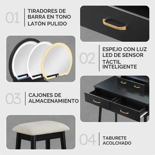 Vista 2 de Lexicon Tocador moderno con espejo, luces LED, 3 modos de iluminación, pequeño juego de tocador de maquillaje con 4 cajones y taburete acolchado