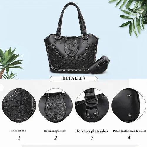 Vista 4 de Montana West - Bolso estilo tote occidental para mujeres, bolso de hombro con grabado. Bolsos y carteras para damas A-tooling Negro