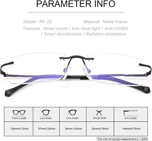 Vista 7 de K.LAVER Anteojos de lectura bifocales sin montura de transición, fotocromáticos, protección UV400, lentes de titanio para hombres