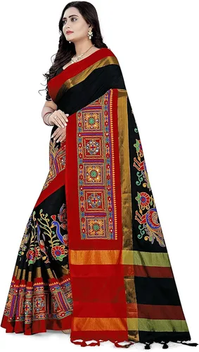 Vista 2 de Indian Hawker Sari de seda de algodón para mujer bordado de sari de trabajo estilo moderno con blusa sin costuras