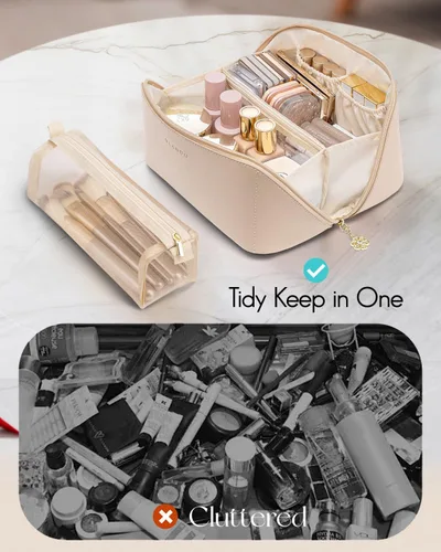 Vista 7 de Vlando Bolsa de maquillaje de viaje, neceser para mujer, piel sintética, abierta, plana, bolsa de maquillaje, Clásico elegante