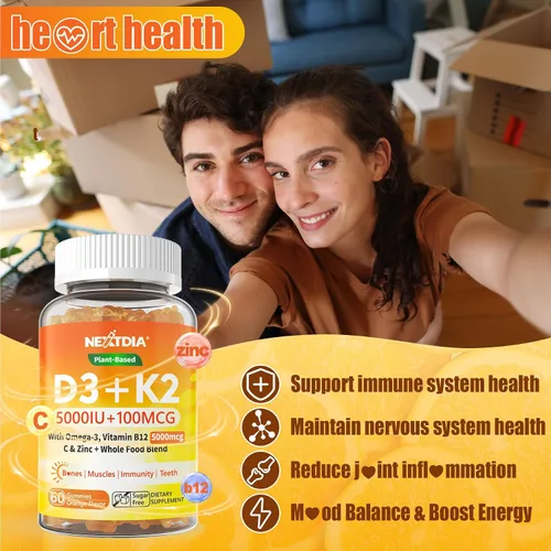 Vista 6 de Gomitas de vitamina D3 K2 5000IU / 10,000 UI con omega-3 250 mg+K2 (MK-7) 100 mcg -5 veces absorción que D3K2 estándar, con vitamina C, zinc y 5