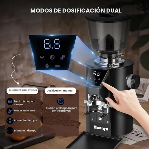 Vista 4 de Huanyu Molinillo de café comercial - Control de pantalla táctil, 8 ajustes de molienda, rebaba plana de 2.520 in, modos de dosificación dual