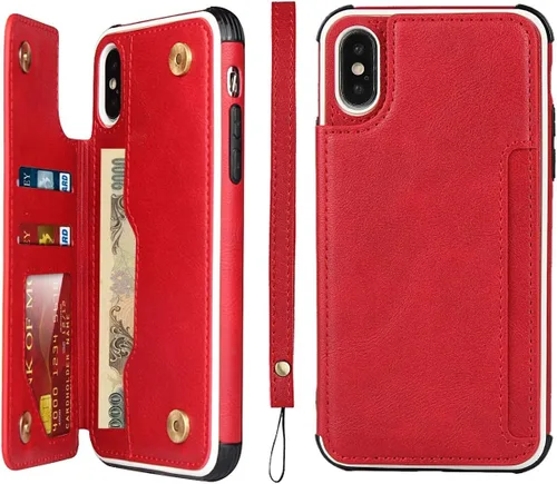 Vista 10 de iCoverCase Compatible con iPhone X/XS Wallet Funda para teléfono con tarjetero y correa para la muñeca de piel sintética con función atril a prueba