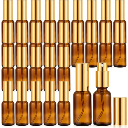 Vista 8 de Roshtia 30 botellas vacías decorativas transparentes de 0.33 onzas fluidas de color madera de haya con atomizador de perfume recargable, con bomba