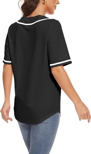 Vista 6 de Camisetas de béisbol para mujer, con botones, cuello en V, para sóftbol, uniforme de equipo, a la moda, simple, con rayas anchas, manga corta