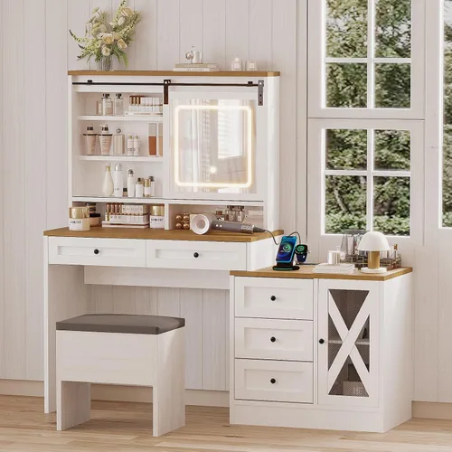Vista 7 de Escritorio de maquillaje de granja de 56 pulgadas con espejo deslizante y luces, color blanco Rustic Dressing Table with Charging Station Power