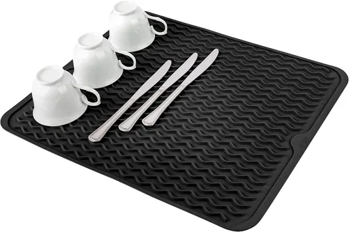 Vista 9 de Oizeir Tapete de silicona para secar platos, agujero de drenaje, antideslizante, resistente al calor, plegable. Ideal para platos, fregadero de Gris