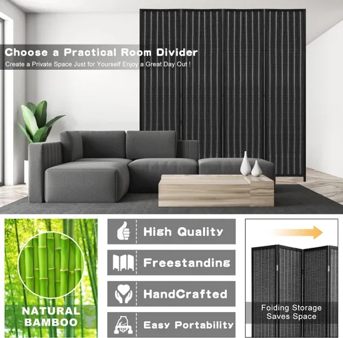 Vista 4 de Divisor de habitación de bambú de 6 pies, pantalla de privacidad plegable, 4 paneles plegables, divisores de pared independientes, pantalla