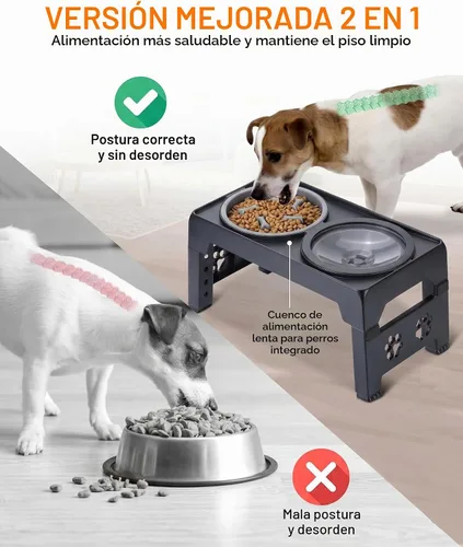 Vista 4 de LALOBLUE Cuencos elevados para perros, cuencos elevados de alimentación lenta para perros con tazón de agua antiderrames, el soporte para cuenco