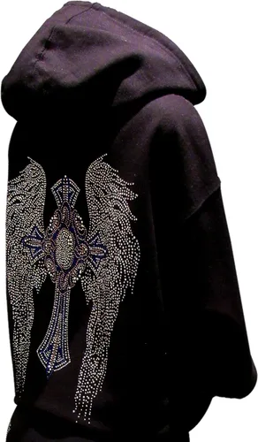 Vista 4 de Sudadera con capucha con cremallera negra con diamantes de imitación multicolor y alas de ángel, Negro