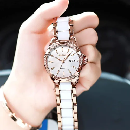 Vista 6 de OLEVS Relojes automáticos para mujer, reloj de cuerda automática para mujer, cerámica de acero inoxidable, relojes de pulsera mecánicos