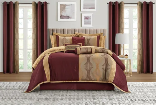 Vista 11 de Grand Avenue - Juego elegante de edredón negro y dorado, a rayas, 7 piezas de juego de cama de jacquard con edredón para todas las estaciones