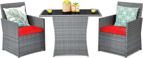 Vista 12 de Tangkula Juego de comedor de mimbre de 3 piezas, 2 sillas de ratán con mesa de comedor rectangular de vidrio templado, juego de conversación al aire