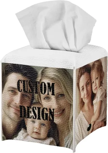 Vista 2 de Personalizar caja de pañuelos de cuero PU cuadrado caja de pañuelos titular personalizado su foto/logotipo/texto, personalizable en todos los lados