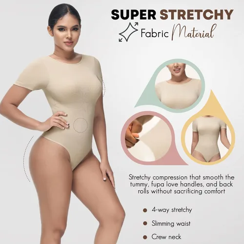 Vista 3 de Body moldeador para mujer, con control de abdomen, cuello redondo, manga corta, tanga esculpida con relleno extraíble