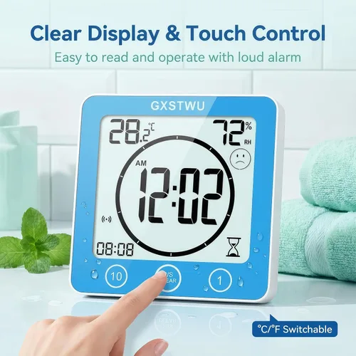 Vista 3 de Reloj de ducha digital, reloj temporizador de baño, resistente al agua para rociar agua, alarma de cuenta regresiva, temporizador de pantalla