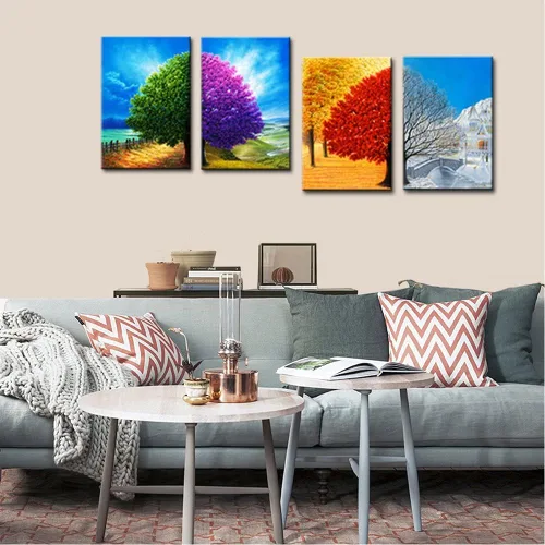 Vista 2 de Wieco Art Lienzo decorativo de 4 paneles para pared, diseño de árbol de cuatro estaciones, coloridas impresiones de paisaje de primavera, verano