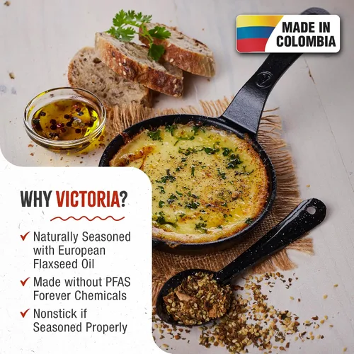 Vista 2 de Victoria Sartén de hierro fundido de 4 pulgadas, sartén de hierro fundido pre-sazonado con mango largo, fabricado en Colombia Sartén con mango