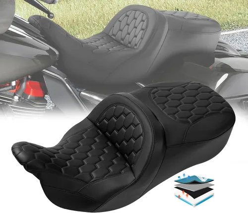 Vista 17 de C.C. RIDER Asiento de Cuero para Conductor y Pasajero - Asiento de Turismo de Gel Fat Diamond 2-Up Compatible con Harley Touring Road King Street