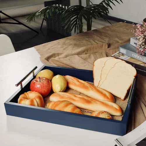 Vista 2 de JJSQYLAN Bandeja de madera para servir con asas, bandeja rectangular de desayuno para mesa de café, bandeja otomana decorativa de 16 x 12 pulgadas