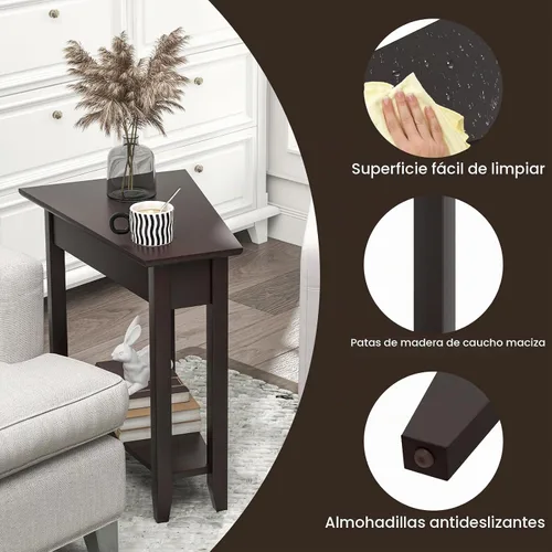 Vista 6 de GOFLAME Mesa auxiliar de cuña de 2 niveles, mesa auxiliar triangular estrecha con estante de almacenamiento, patas de madera maciza, mesita