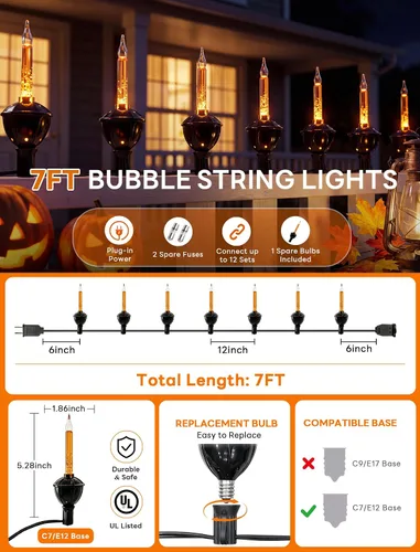 Vista 2 de Oviejo Guirnalda de luces de burbujas negras de Halloween, luces de burbujas vintage de 7 pies con 8 luces líquidas naranjas (1 repuesto)