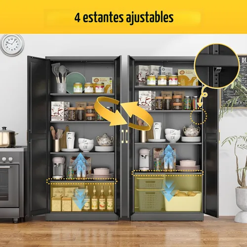 Vista 5 de SteeLoong - Armario de despensa de cocina, armario de almacenamiento de metal negro de 71" con puertas y 4 estantes ajustables, gabinete de cocina