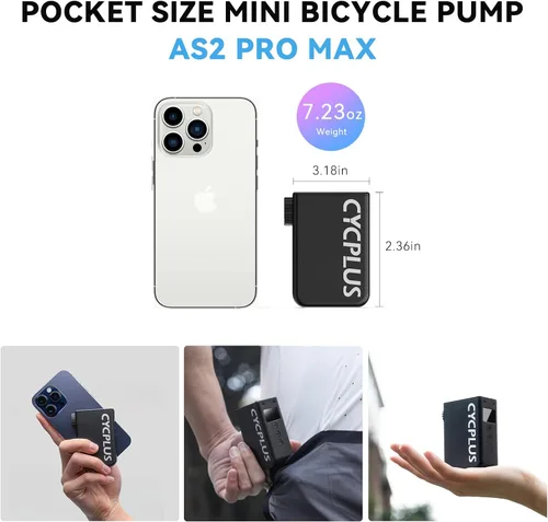 Vista 3 de CYCPLUS AS2 Pro Max Tiny Pump Mini con medidor, bomba de aire inalámbrica para bicicleta de hasta 120 PSI, parada automática, con válvula Presta