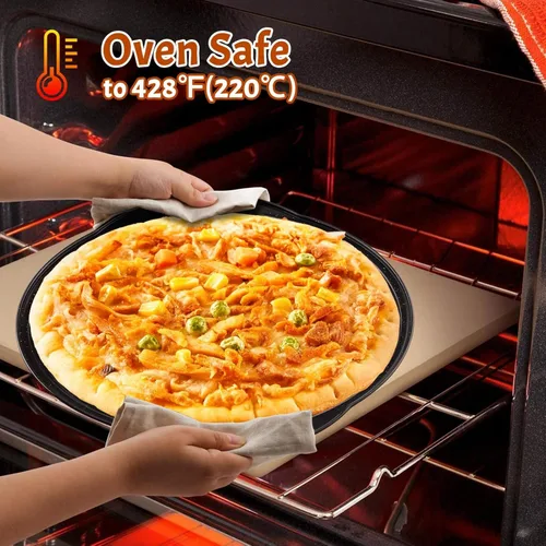 Vista 5 de hunnycook 2P sartenes para pizza antiadherentes - Bandeja redonda de pizza de 12" con agujeros y asa, sartén de pizza de acero al carbono
