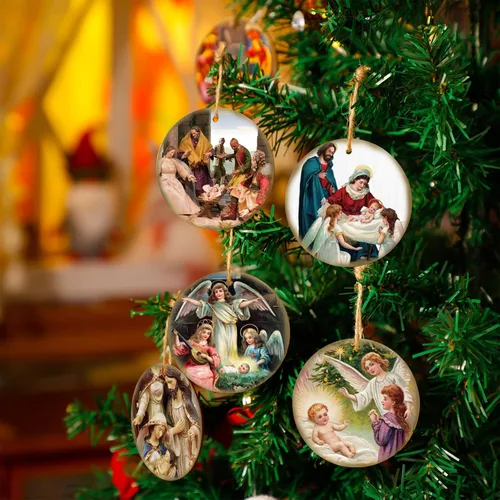Vista 8 de Karenhi 40 piezas de adorno de Navidad religioso de madera colgante de madera retro vintage Natividad cristiana católica el nacimiento de Jesús