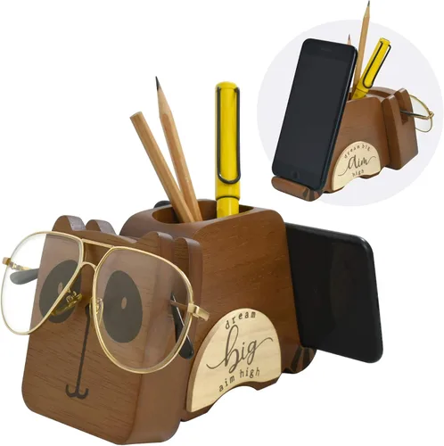 Vista 11 de I'm - Soporte multiusos de madera para lentes, teléfono, pluma y lápiz, accesorios de escritorio, decoración de escritorio, hogar, oficina Oso