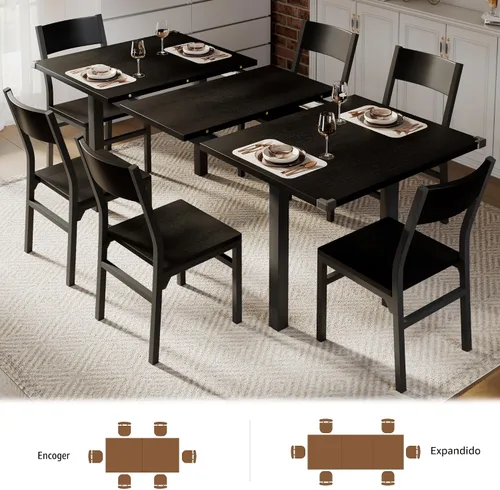 Vista 3 de iPormis Juego de mesa de comedor y sillas de 7 piezas para 4-6, mesa de cocina extensible de 63 pulgadas con 6 sillas, mesa de comedor con marco