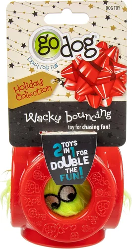 Vista 4 de goDog Holiday Collection - Juguete para perro 2 en 1 con pelota, chirriante Furballz, rojo, pequeño Juguete de pelota de jaula 2 en 1