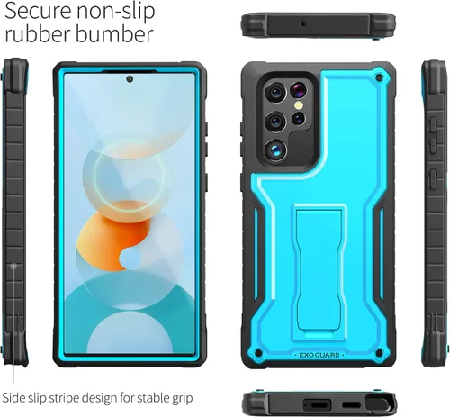 Vista 4 de ExoGuard Funda para Samsung Galaxy S22 Ultra, funda de goma resistente a prueba de golpes con soporte incorporado (azul)