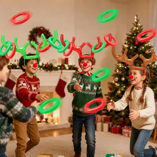 Vista 3 de Juego de 18 piezas de 3 anillos inflables de cornamenta de reno para lanzar juegos de fiesta de Navidad, juguetes familiares para niños, relleno