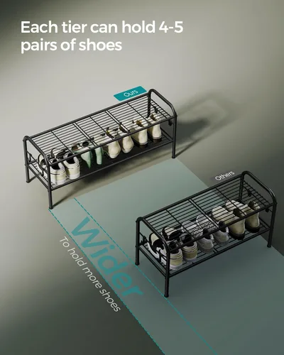 Vista 5 de SONGMICS Zapatero de 2 niveles, organizador de zapatos de metal con 4 ganchos laterales, capacidad para 10 pares de zapatos, zapatero de altura