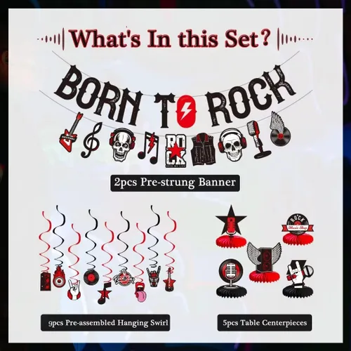 Vista 5 de LARRAZABAL Las decoraciones de fiesta de rock and roll incluyen pancarta con purpurina Born to Rock, remolinos colgantes de rock and roll y centros