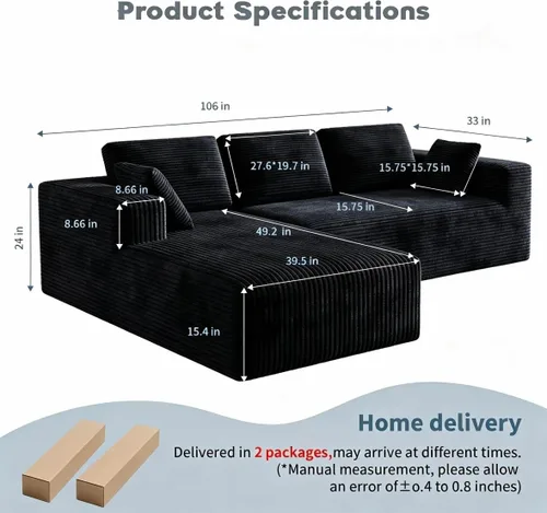 Vista 2 de Sofá modular de pana de 106 pulgadas, sofá en forma de L deshuesado con asiento profundo, sofá de espuma de nube con diván de gran tamaño, sofá Negro