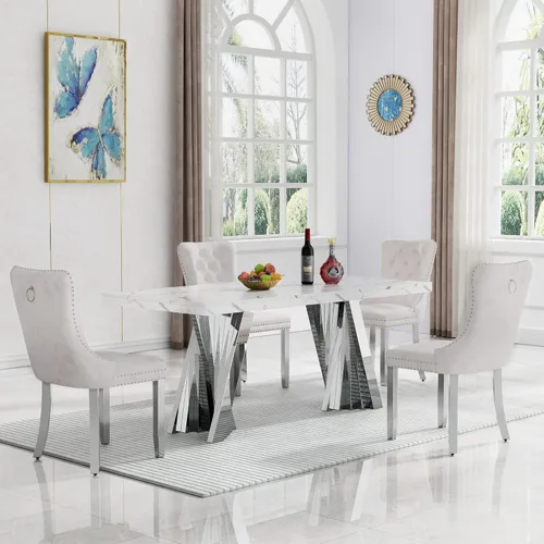 Vista 24 de HomVent - Juego de mesa de comedor de mármol sintético de 68 pulgadas con 4 sillas de terciopelo para cocina Modern Rectangular Faux Marble