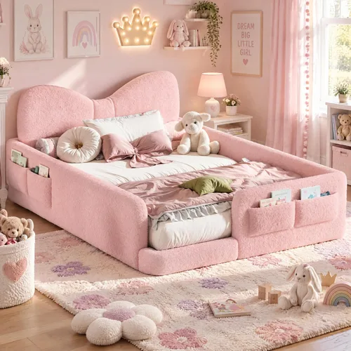 Vista 15 de Cama de suelo tapizada de tamaño matrimonial con valla y bolsillos, cama de Cama de suelo tapizada de tamaño matrimonial con listones y cabecero
