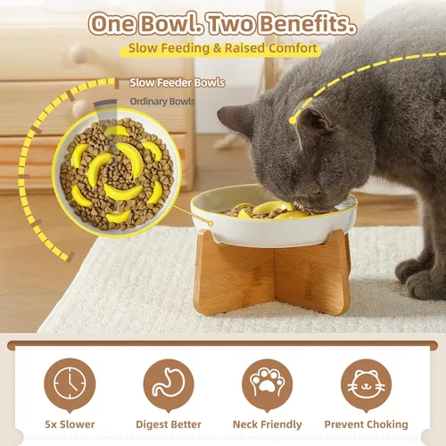 Vista 3 de Cuenco elevado para gatos de alimentación lenta – Plato de cerámica para gatos con soporte de bambú antideslizante – Tazón de alimentación apto