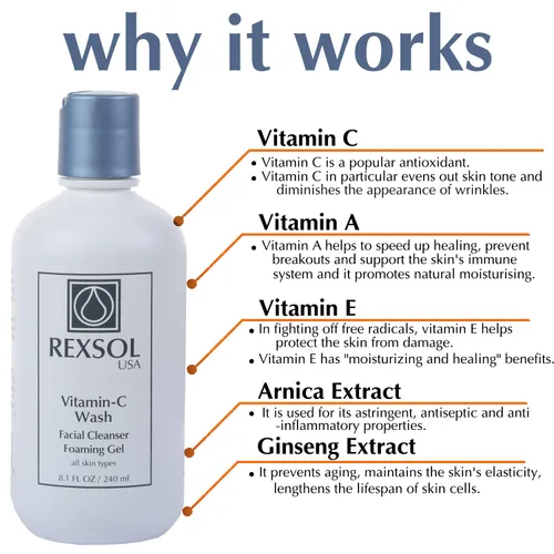 Vista 4 de REXSOL Gel espumoso de vitamina C Limpiador antienvejecimiento para pieles sensibles Limpiador facial diario natural con vitaminas A y E - 8.1