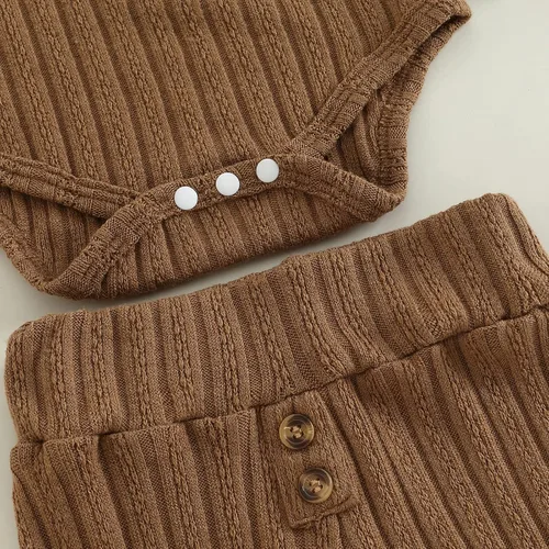 Vista 7 de Conjunto de ropa para bebé recién nacido, conjunto de ropa acanalada para bebé, otoño e invierno, mameluco de color liso con pantalones largos
