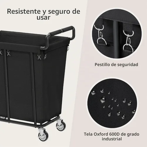 Vista 5 de Cesta de lavandería con ruedas, cesta de lavandería mediana de 250 litros para almacenamiento de ropa, carrito de lavandería resistente con asa Negro