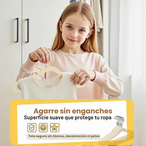 Vista 2 de Perchas para Bebé Paquete de 50 de 11 Pulgadas, Perchas de Terciopelo para Bebé Delgadas y que Ahorran Espacio, Perchas para Niños con Gancho Beige