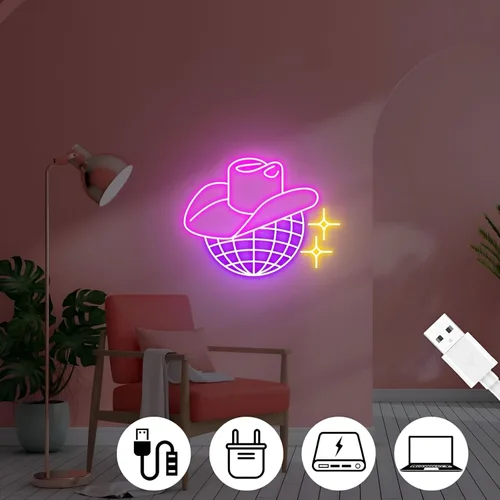 Vista 3 de Letrero de neón de bola de discoteca, sombrero de vaquero regulable, luces LED de neón para decoración de pared, letrero iluminado para dormitorio