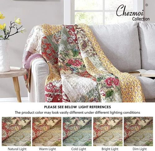 Vista 4 de Chezmoi Collection Delaney - Manta reversible acolchada de 100 % algodón prelavado, diseño floral