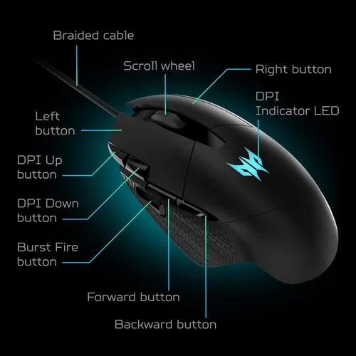 Vista 2 de Acer Predator Cestus 315 - Mouse para juegos con sensor PixArt DPI ajustable y 8 botones incluyendo Burst Fire